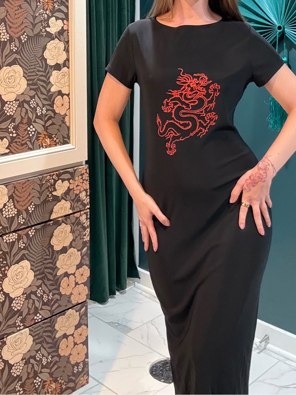 Black Maxi Dress with Red Dragon Embroidery